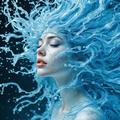 The primary subject of the image is a woman with long, flowing hair. She is surrounded by a blue water-like substance, which appears to be a digital art or illustration. The setting is a dark background, and the visual style gives the impression of a painting or drawing. The woman's hair is the dominant color, and the overall atmosphere is serene and captivating.